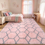 Area Rugs for Living Room, 5x8 Fluffy Pink and Grey Bedroom Geometric Rug | - Image 7