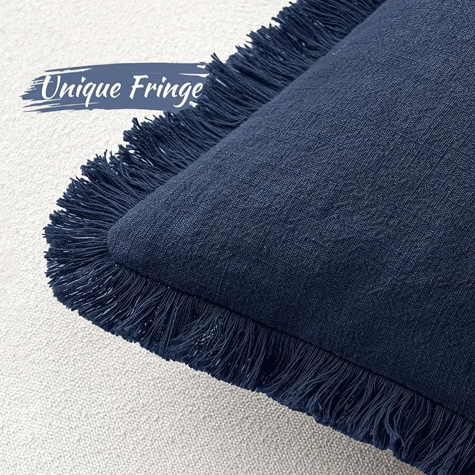 MIULEE Boho Linen Fringe Decorative Throw Pillow Covers Dark Navy 16x16 | Set - Image 3