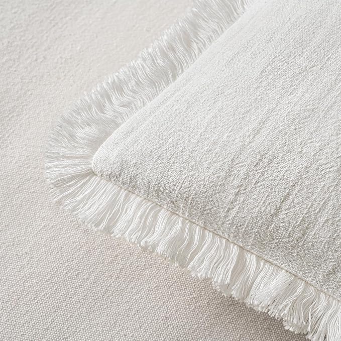 MIULEE Boho Linen Fringe Decorative Euro Throw Pillow Covers White 28x28 | Set - Image 3