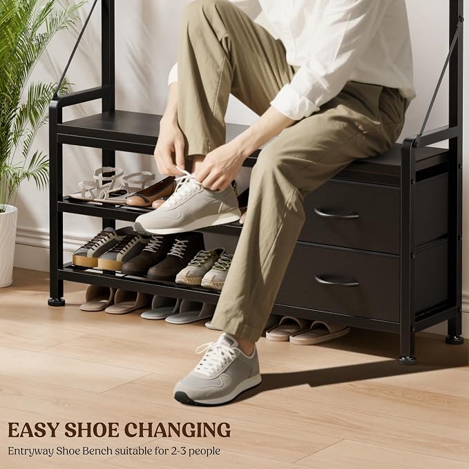 Lulive Hall Tree with Bench and Shoe Storage, 39.4” Entryway Bench with Coat - Image 8
