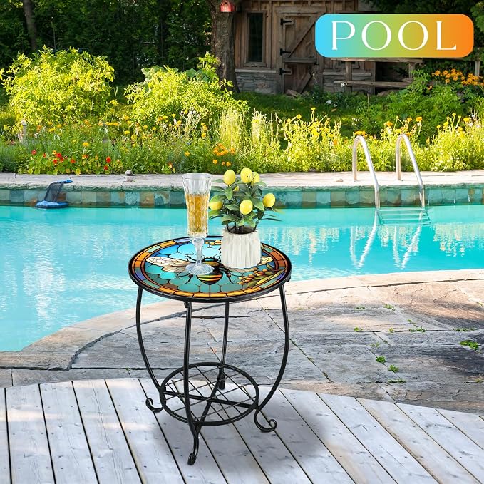 Cinnvoice Outdoor Side Table Round Small Mosaic Patio Accent Indoor End Plant - Image 6