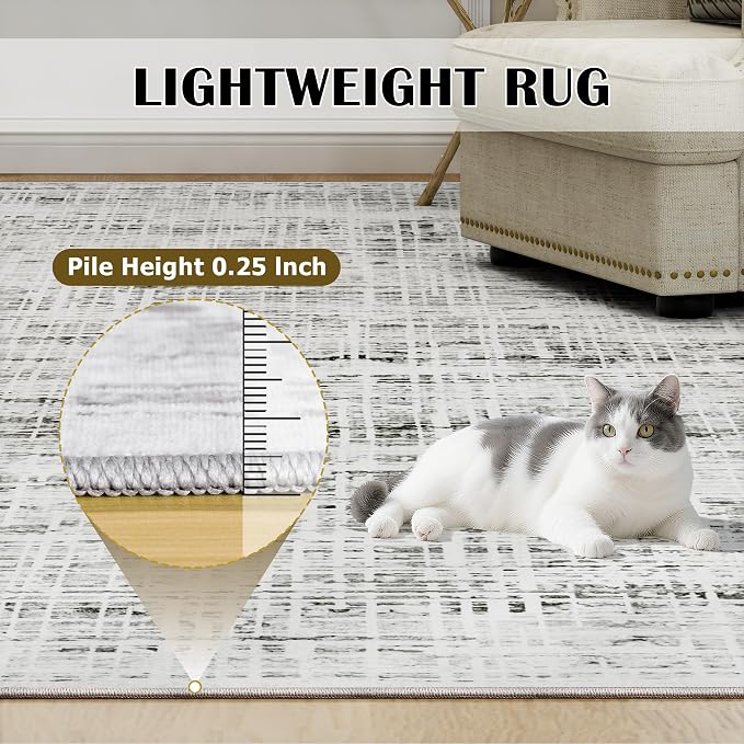 6x9 Washable Area Rug for Living Room Bedroom: Non-Slip Modern White Gray | - Image 6