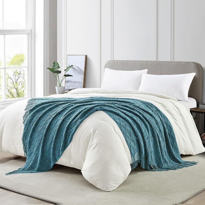 BOURINA Teal Throw Blanket 50 x70 Inches Jacquard Argyle Throw Textured Solid - Image 3