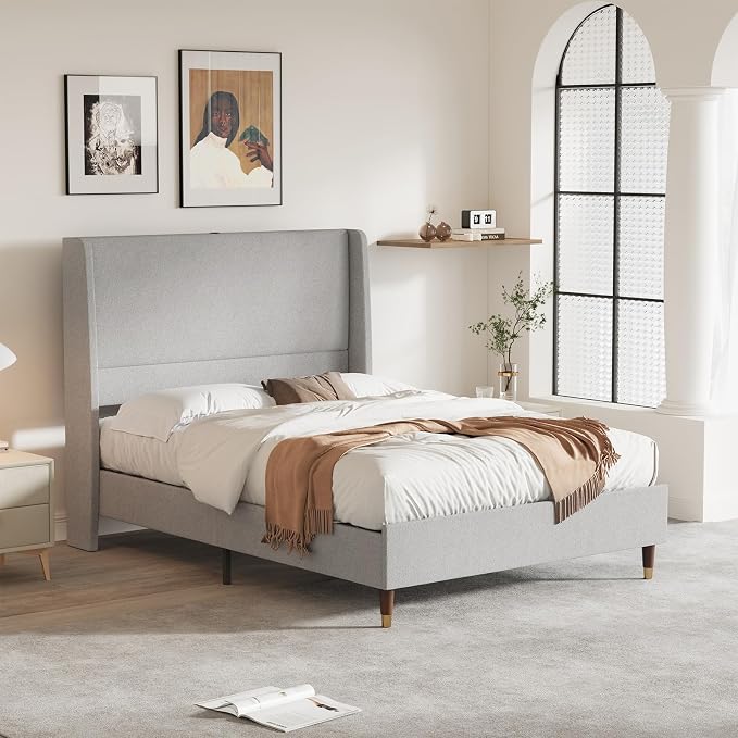 MALOL Full Size Bed Frame with Upholstered Headboard, Linen Fabric Platform Bed - Image 9