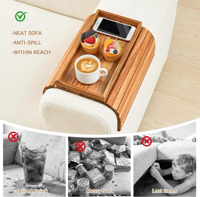 GEHE Acacia Wood Sofa Arm Tray, Foldable Couch Arm Tray Side Table, - Image 2