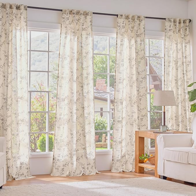 Extra Long Grey Vintage Floral Linen Curtains Farmhouse 2 Panels | Elisa Series - Image 7