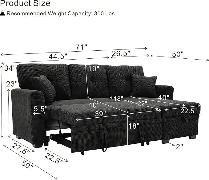 L Shaped Sectional Couch with Storage and Pull Out Bed, 3 Seater Sleeper Sofas - Image 4