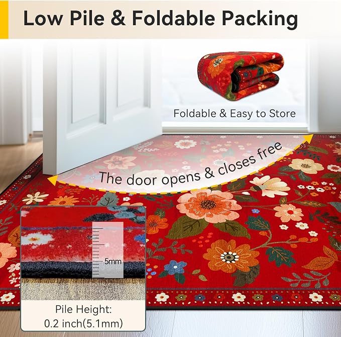 Floral Washable 8x10 Area Rugs Red/Orange | Flower Carpet Print Boho Cute Non - Image 4