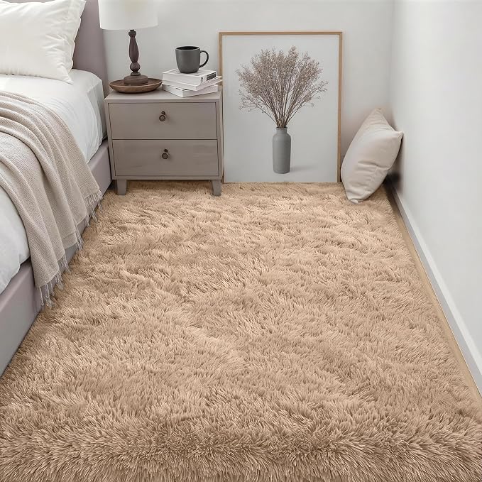 Area Rug Living Room Bedroom: 6x9 Fluffy Plush Shag Carpet Beige | - Image 3
