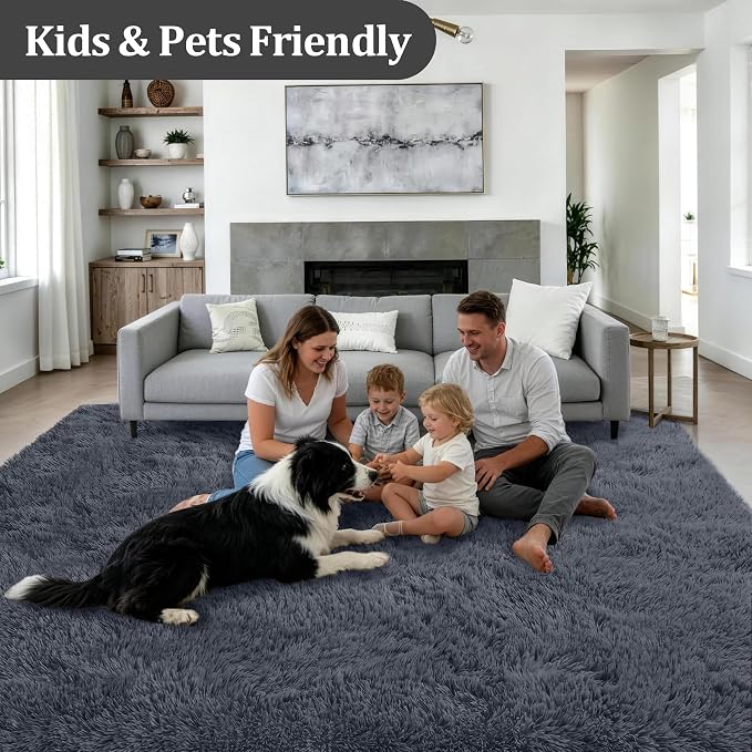 Area Rug Living Room Bedroom: 4x6 Fluffy Plush Shag Carpet Grey | - Image 4