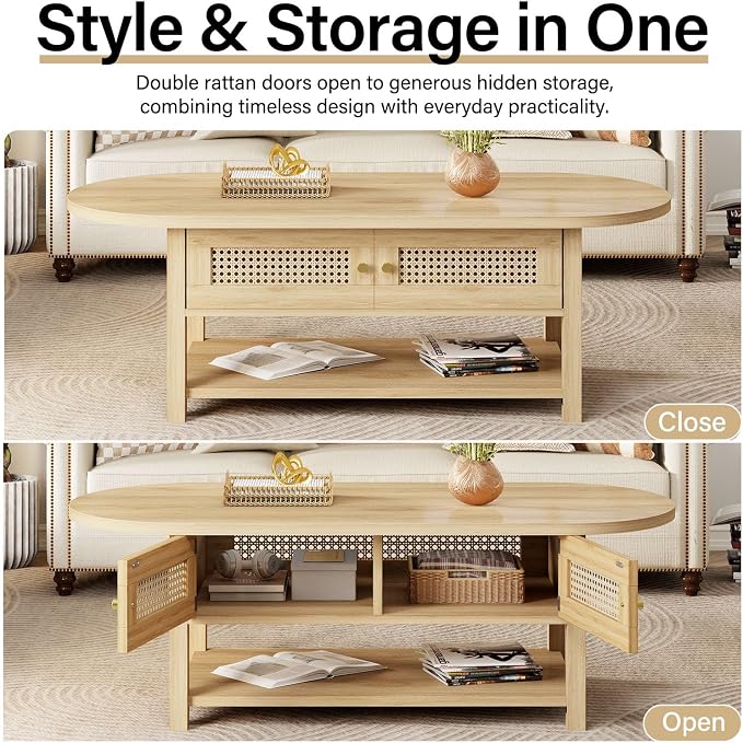LVB Rattan Coffee Table, Boho Wood Living Room Table - Image 6