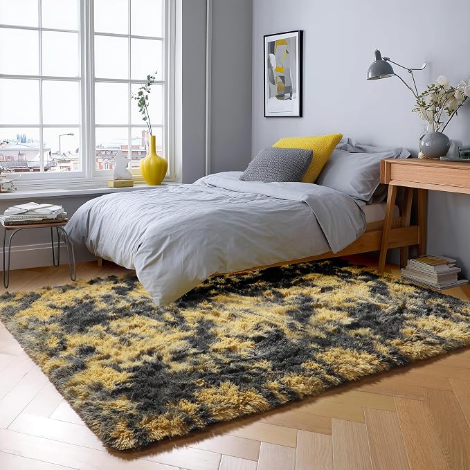 Black and Yellow Bedroom Rugs 4x6 Ft, Fluffy Modern Living Room Area Rug | - Image 2