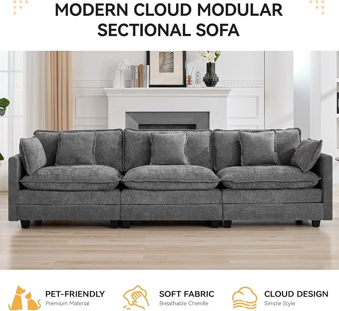 111'' Sectional Cloud Deep Seat Couch, Modern Comfy Chenille Modular Sectional - Image 6