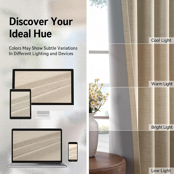 Curtains, Linen Blackout Drapes 50''W x 72''L, 2 Panels, Natural Flax, Thermal - Image 8