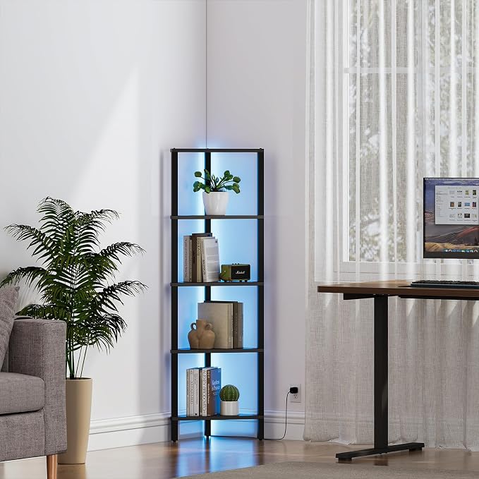 TUTOTAK Corner Shelf with LED Light, 5-Tier Corner Bookshelf - Image 8