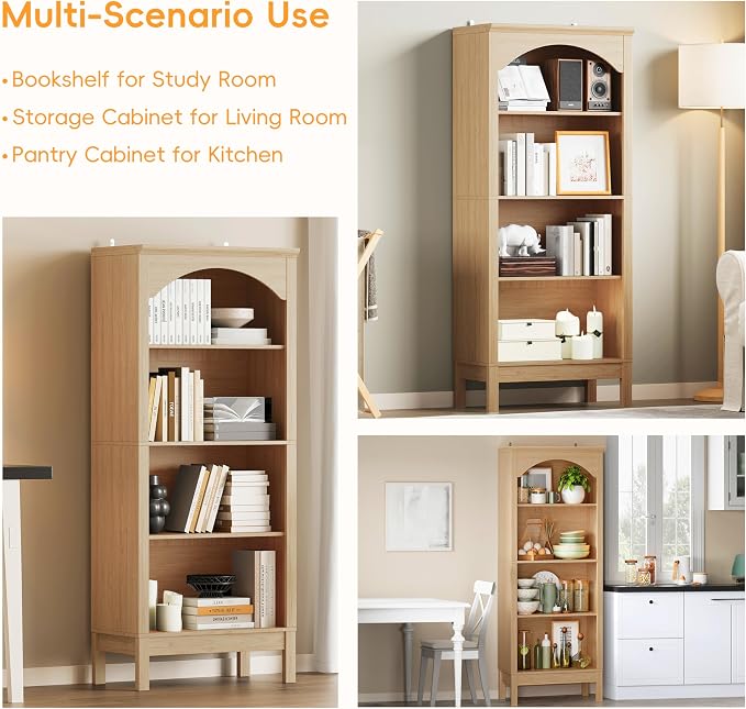 Arched Bookshelf with 4 Tier Open Shelves, Study and Living Room, Natural Oak - Image 6