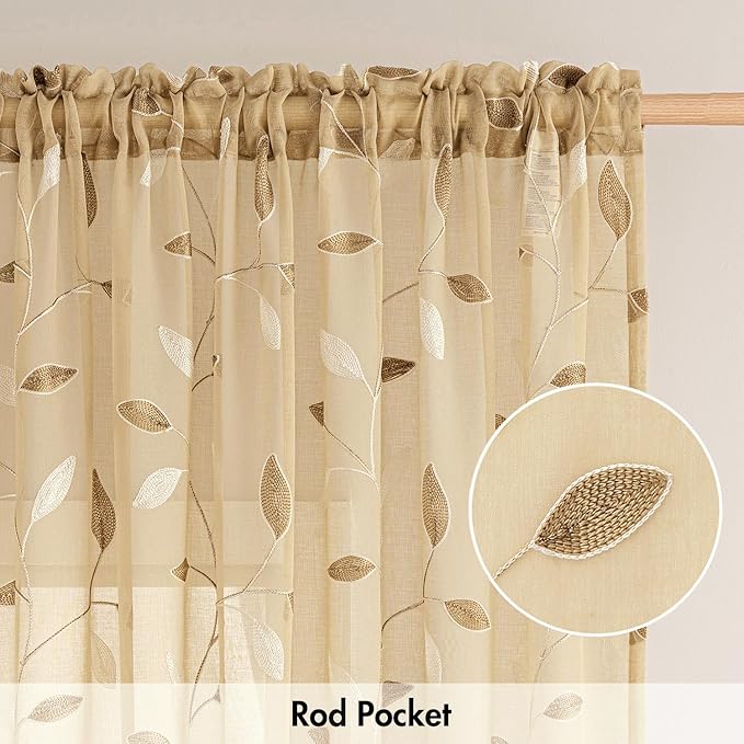 MIULEE Khaki Sheer Curtains 2 Panels Embroidered Leaf Patterned, W52 x L84 | - Image 6