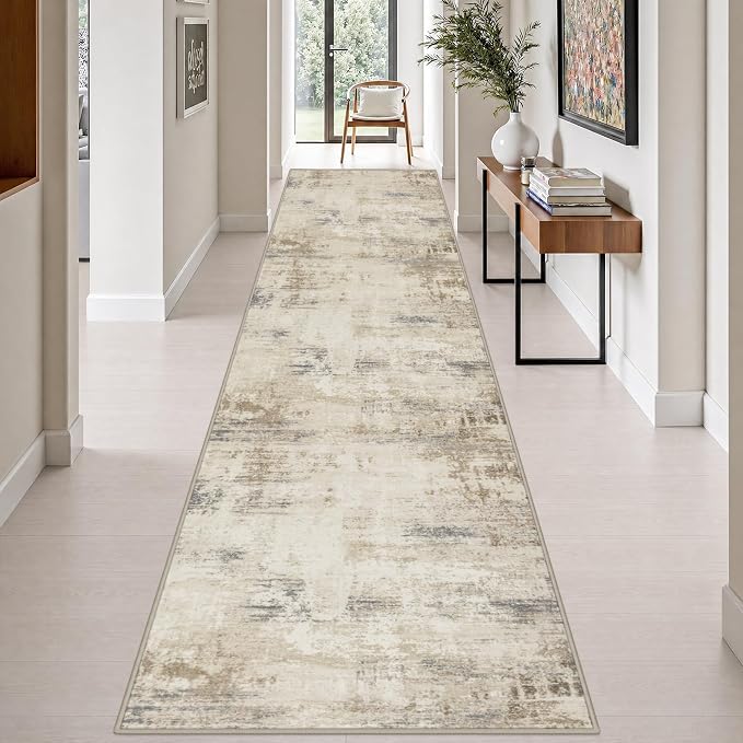3x14 Washable Runner Rug：Modern Abstract Soft Carpet Beige Brown | by FXRHLP