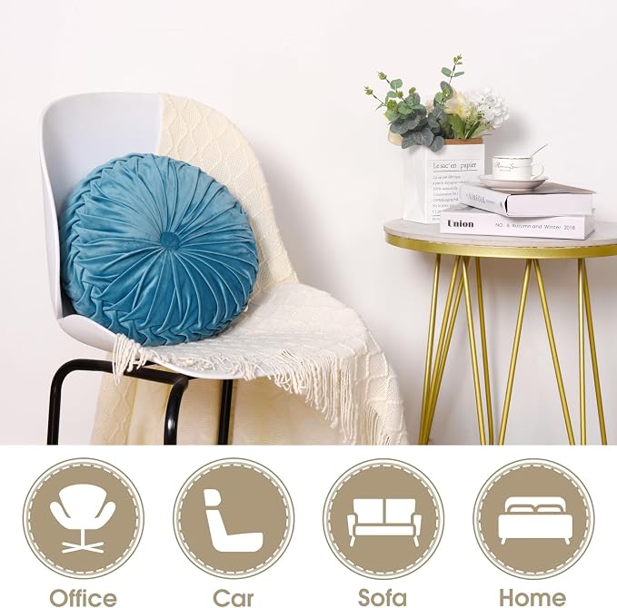 HIG Set of 2 Dusty Blue Velvet Decorative Round Pleated Throw Pillows | Vintage - Image 4