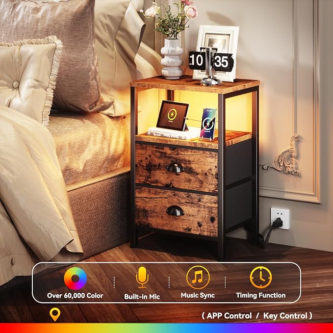 Furologee Nightstand with Charging Station, End Table with LED Lights, Bedside - Image 4