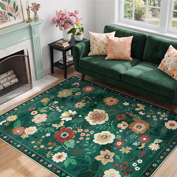 RELEANY Floral Washable 3x5 Area Rugs DarkGreen | Flower Carpet Print Boho Cute - Image 2
