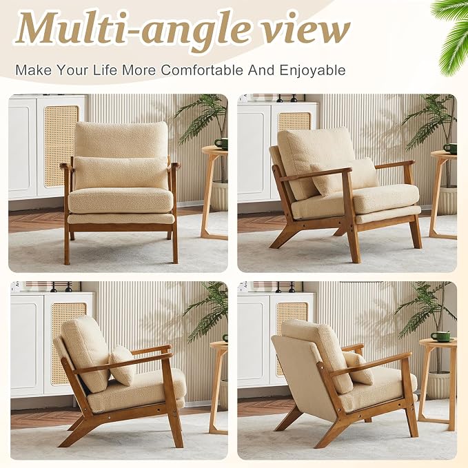 VINGLI Solid Wood Wide Armrests Accent Chair, Upholstered Mid Century Modern - Image 8
