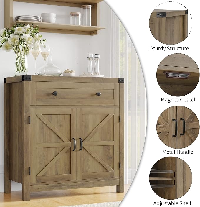 HOSTACK Coffee Bar Cabinet, Kitchen Storage Cabinet, Modern Farmhouse Buffet - Image 7