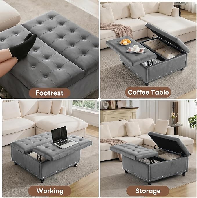 Tbfit Large Square Storage Ottoman Bench, Tufted Upholstered Coffee Table - Image 3