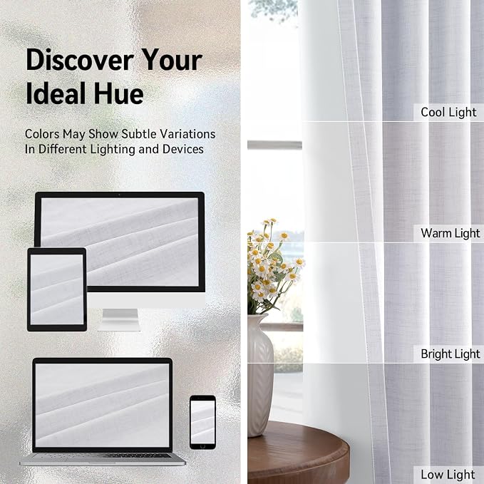 100% Blackout Linen Textured Curtains 96 Inch Long, Bright White | 100% - Image 6