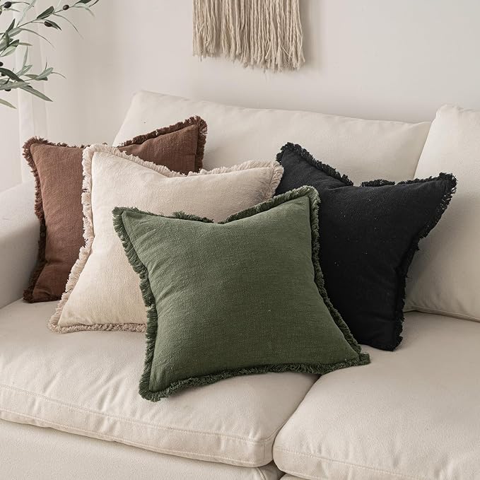 MIULEE Boho Linen Fringe Decorative Throw Pillow Covers Black 18x18 | Set of 2 - Image 5