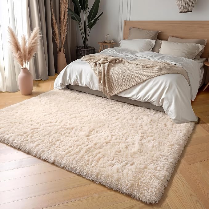Amdrebio Beige Boho Large Fluffy Shag Area Rug 6x9 - Image 3