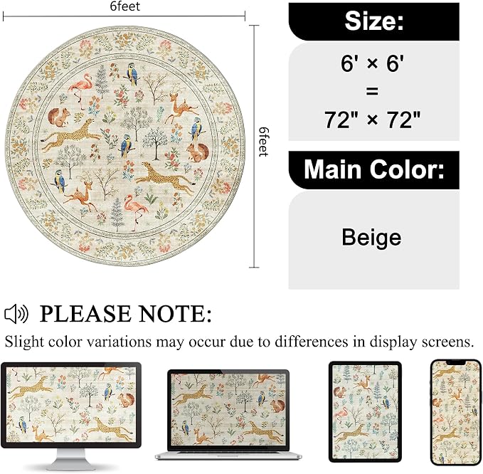 DUKINO 6ft Round Rug for Bedroom, Washable Soft Non Slip Circle Rug, Stain - Image 2
