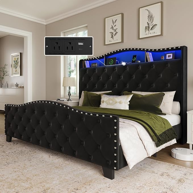 Belffin Queen Size Bed Frame and Headboard, 50.9" Velvet Upholstered Wingback by Belffin