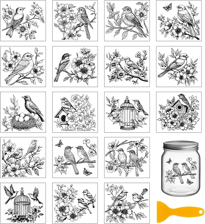 GLOBLELAND 18 Sheets Black and White Flowers Birds Transfer Stickers by GLOBLELAND