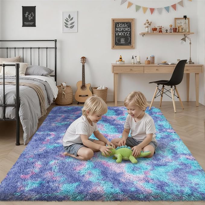 Area Rug Living Room Bedroom: 5x7 Fluffy Plush Shag Carpet Rainbow | - Image 7