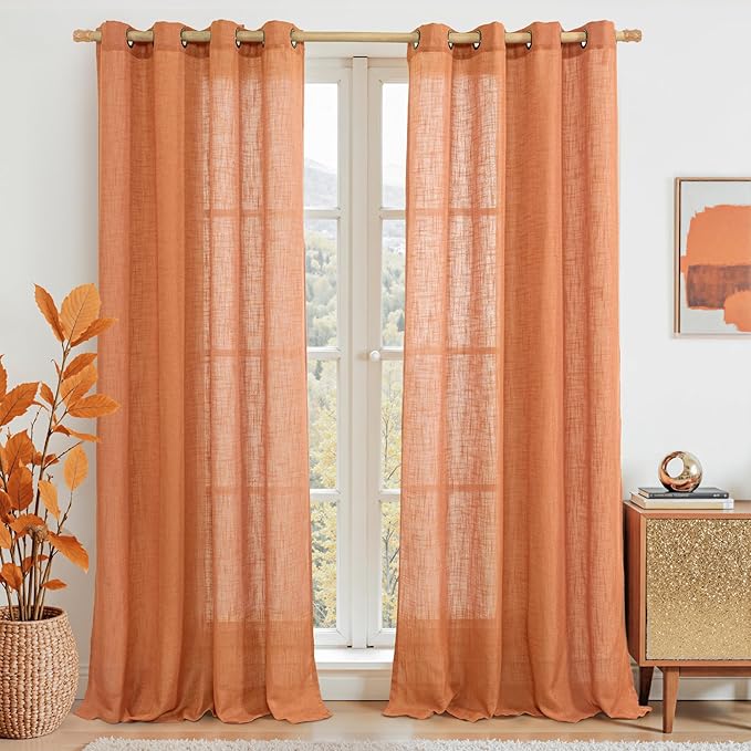 Burnt Orange Linen Curtains for Living Room, 90 Inches Long Light Filtering by LAMIT