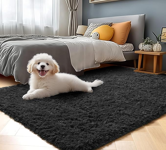 Black Rugs for Bedroom, 3x5 Fluffy Bedside Small Area Rug, Soft Plush Fuzzy - Image 5