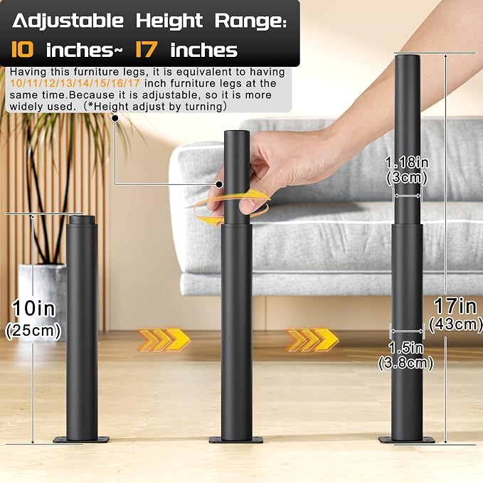 Metal Adjustable Furniture Legs 10-17 inch, Wlrrcwdttc Sofa Cabinet Legs - Image 3