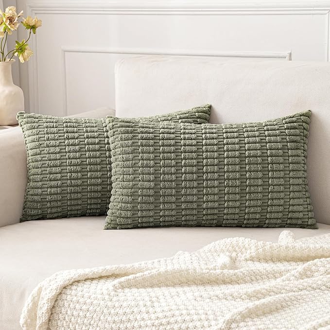 MIULEE Lumbar Corduroy Decorative Throw Pillow Covers 12x20 Light Olive | Green by MIULEE