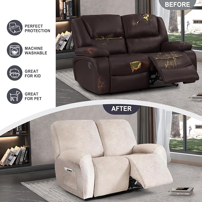 ANARACHON Leather Look Loveseat Recliner Cover, 6-Pieces Stretch Dual Recliner - Image 6