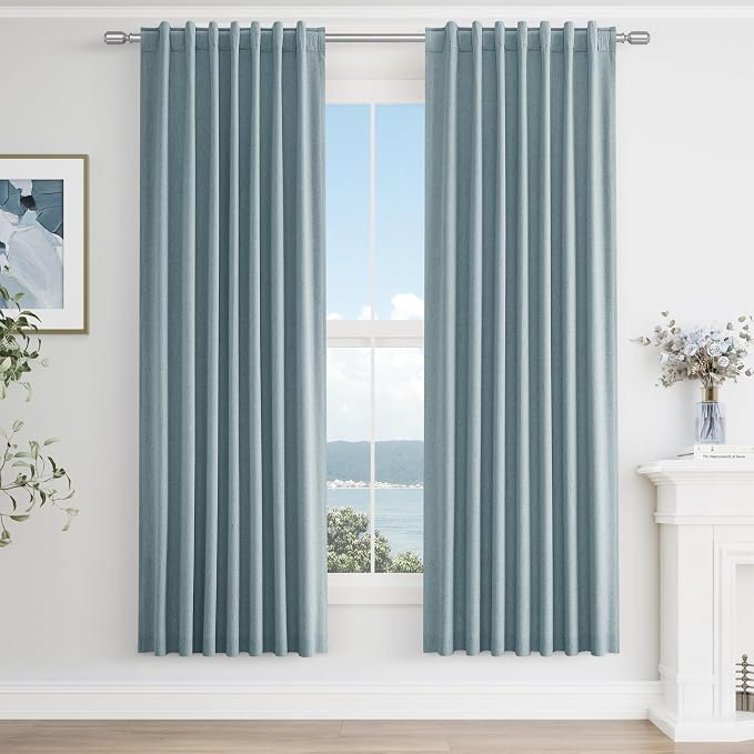Blue 100% Blackout Linen Curtains 72 Inch Length 2 Panels Set by Guken