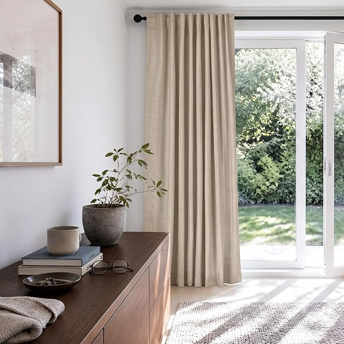 Linen Textured Total Blackout Sliding Door Curtains 90 Inches Long, Oatmeal | - Image 6