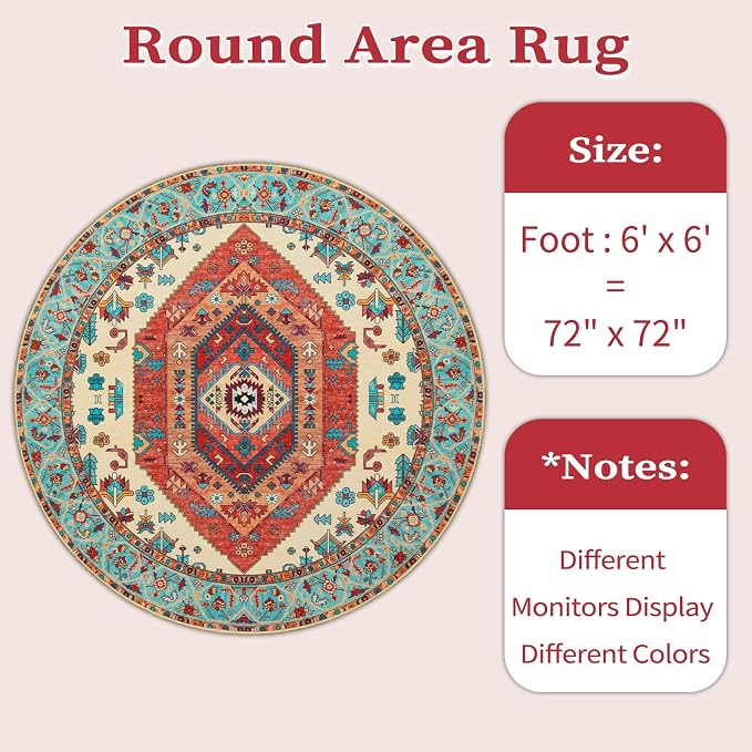 SERISSA 6ft Washable Non Slip Round Boho Area Rug - Image 6