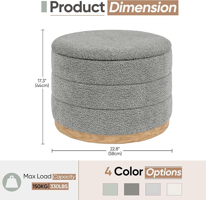 Round Storage Ottoman with Tray Lid, Folding Chenille Fabric Footrest with - Image 3