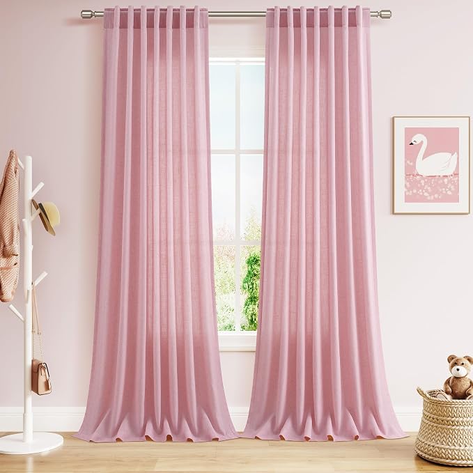 Rose Linen Curtains 90 Inch Long 2 Panels Set Back Tab Rod Pocket Semi Sheer by Nanspring
