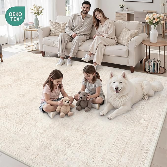 6x9 Area Rugs Living Room: Bedroom Neutral Washable Carpet Beige | Large - Image 8
