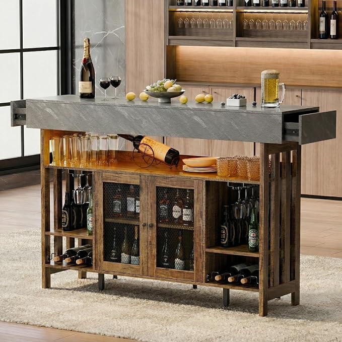 4-Tier Home Bar Unit, 63-Inch Wooden & Dark Gray Marble Bar Cabinet, LED Liquor by Gyfimoie