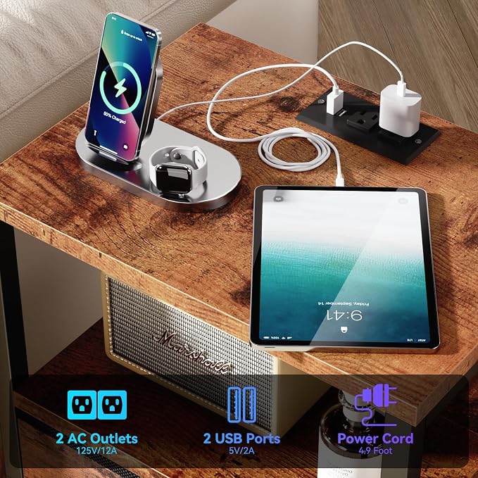 Furologee Nightstand with Charging Station, End Table with LED Lights, Bedside - Image 5