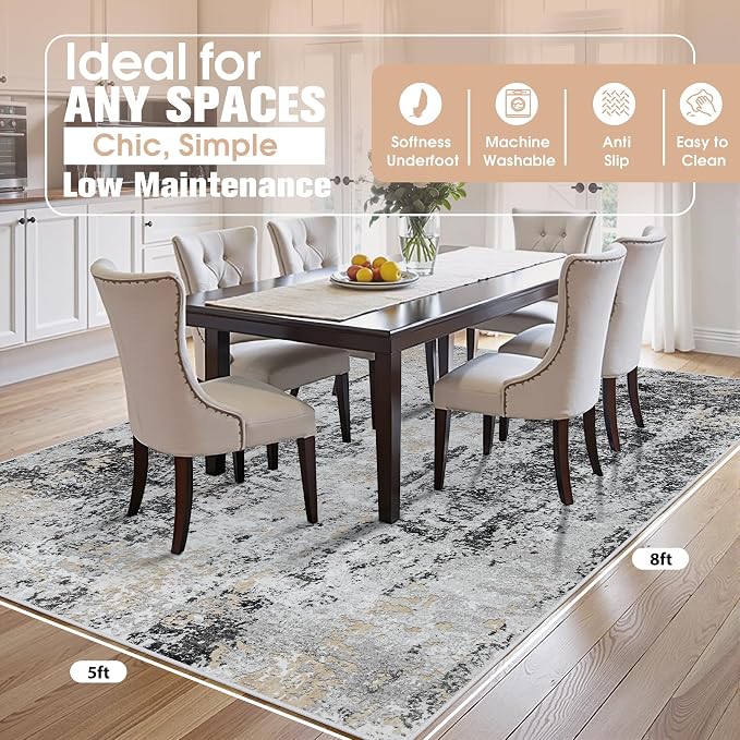 5x8 Area Rugs for Living Room Washable Bedroom Dining Room Black Grey Gold | - Image 2