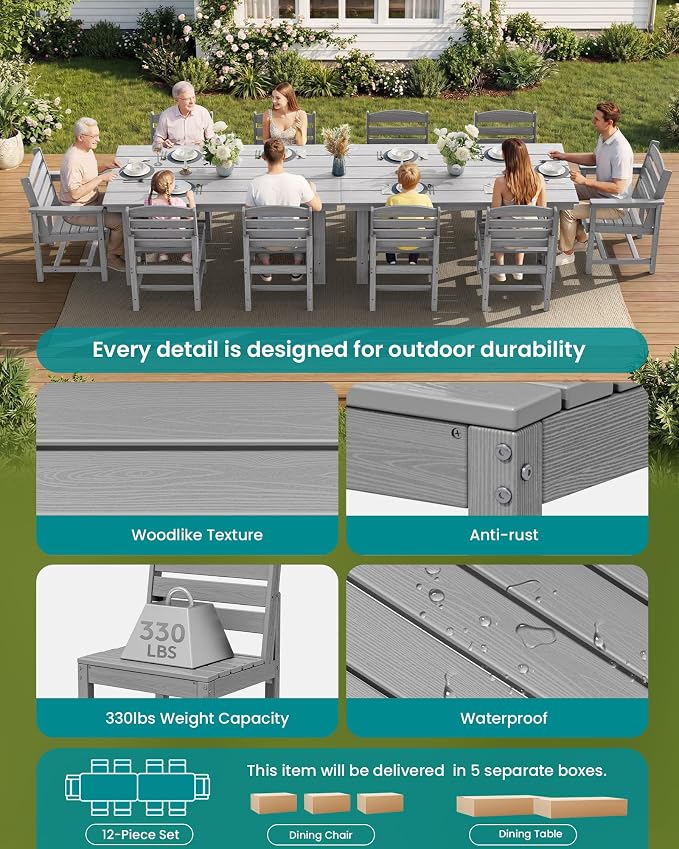 SERWALL Patio Dining Sets for 10 Person, HDPE Dining Set - Image 7